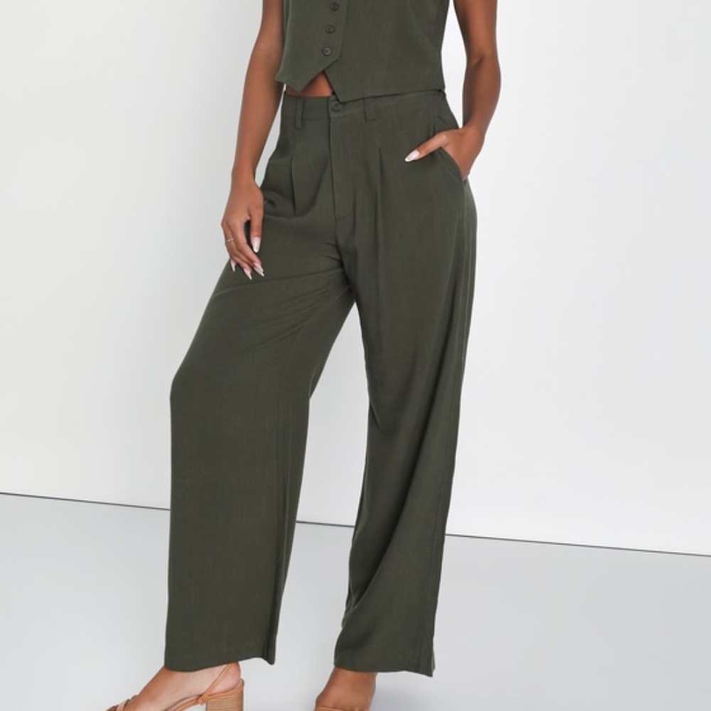 Suits You Perfectly Olive Green Linen Wide Leg Pants